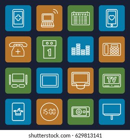 Display icons set. set of 16 display outline icons such as arrival table, poker on phone, board, heart mobile, tablet, laptop, medical phone, desk phone, equalizer, tv, tv set