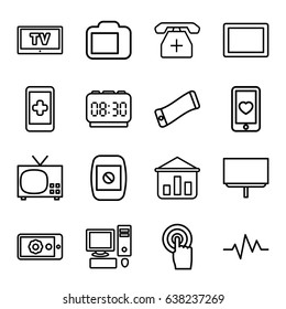 Display icons set. set of 16 display outline icons such as board, heart mobile, touchscreen, tablet, medical phone, heartbeat, tv, pc, digital clock, wavy phone