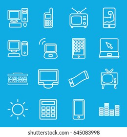 Display icons set. set of 16 display outline icons such as tv, laptop, display, phone, equalizer, contrast, pc, calendar on phone, laptop signal, digital clock, calculator