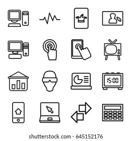 Display icons set. set of 16 display outline icons such as poker on phone, touchscreen, laptop, heartbeat, pc, digital clock, man in smart glasses, tv, calclator