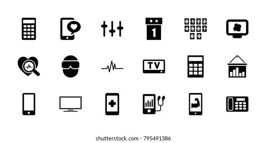 Display icons. set of 18 editable filled display icons: washing machine on sale, calculator, hand on smartphone, atom on display, phone with heart, equalizer, mp3 player