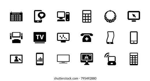Display icons. set of 18 editable filled display icons: arrival table, tv system, phone with heart, tv, phone, pc, necklace, laptop signal