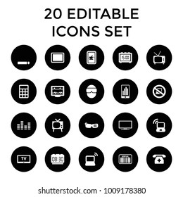 Display icons. set of 20 editable filled display icons such as tv, heartbeat, smart glasses, tablet, laptop, medical phone. best quality display elements in trendy style.