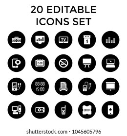Display icons. set of 20 editable filled display icons such as tv, washing machine on sale, phone with heart, old phone. best quality display elements in trendy style.
