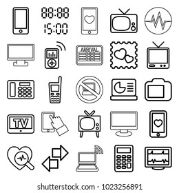 Display icons. set of 25 editable outline display icons such as tv, heartbeat, heart mobile, photo with heart, arrow, old phone, heartbeat search, desk phone, phone