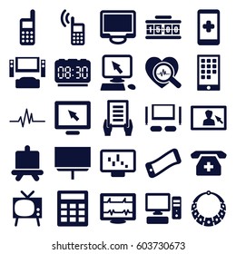 Display icons set. set of 25 display filled icons such as board, holding document, heartbeat, medical phone, heartbeat search, pc, phone, TV set, calendar on phone