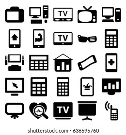 Display icons set. set of 25 display filled icons such as tv, board, poker on phone, heartbeat search, calculator, pc, muscular arm  on phone, calclator, smart glasses
