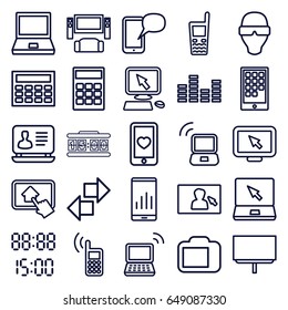 Display icons set. set of 25 display outline icons such as laptop, board, heart mobile, old phone, equalizer, home on tablet, calendar on phone, laptop signal, digital time