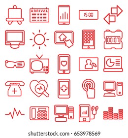 Display icons set. set of 25 display outline icons such as arrival table, board, heart mobile, touchscreen, mp3 player, medical phone, heartbeat, heartbeat search, desk phone