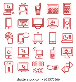 Display icons set. set of 25 display outline icons such as tv, board, heart mobile, phone, touchscreen, laptop, old phone, calculator, laptop signal, digital time