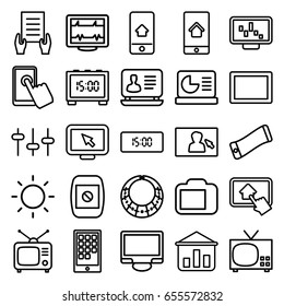 Display icons set. set of 25 display outline icons such as laptop, holding document, heartbeat, tv, equalizer, tablet, contrast, home on tablet, calendar on phone