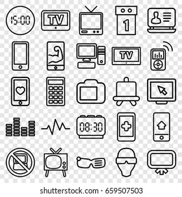 Display icons set. set of 25 display outline icons such as no laptop, tv, board, laptop, heart mobile, heartbeat, calculator, pc, phone, equalizer, mp3 player, digital clock