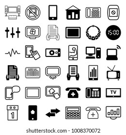 Display icons. set of 36 editable filled and outline display icons such as holding document, graph on board, arrow, equalizer, tablet, laptop, medical phone, desk phone, pc