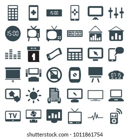 Display icons. set of 36 editable filled display icons such as no laptop, tv, tv system, hand on smartphone, graph on board, wavy phone, calclator, equalizer, heartbeat