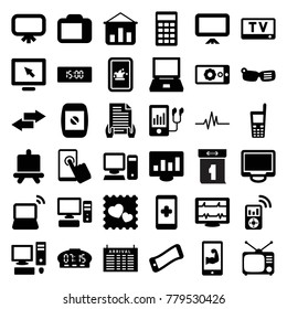 Display icons. set of 36 editable filled display icons such as arrival table, board, laptop, hand on smartphone, graph on board, heartbeat, wavy phone, smart glasses