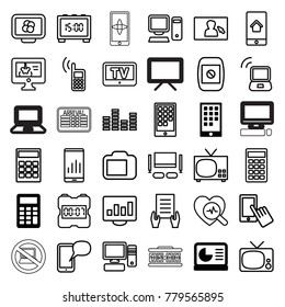 Display icons. set of 36 editable outline display icons such as calculator, calendar on phone, tv, holding document, heartbeat search, pc, equalizer, tv set, laptop signal