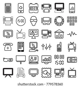 Display icons. set of 36 editable outline display icons such as calendar on phone, board, laptop, tv system, tv, graph on board, man in smart glasses, smart glasses