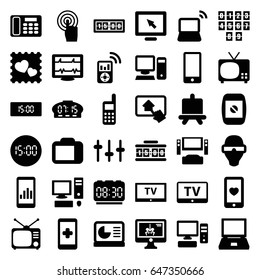 Display icons set. set of 36 display filled icons such as tv, board, heartbeat, heart mobile, photo with heart, tv, equalizer, touchscreen, laptop, desk phone, pc, phone