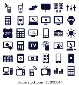 Display icons set. set of 36 display filled icons such as arrival table, board, heart mobile, tv, equalizer, tv, phone, touchscreen, laptop, old phone, calculator, contrast