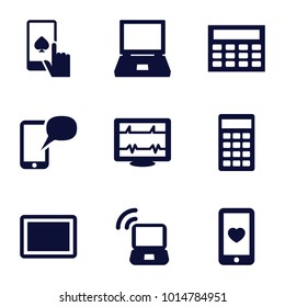 Display icons. set of 9 editable filled display icons such as laptop, heartbeat, heart mobile, calclator, tablet, calculator, laptop signal, message on phone