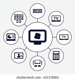 Display icons set. set of 9 display filled icons such as TV, TV set, digital clock