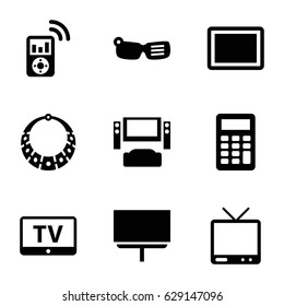Display icons set. set of 9 display filled icons such as TV, board, tablet, calculator, mp3 player, necklace, smart glasses