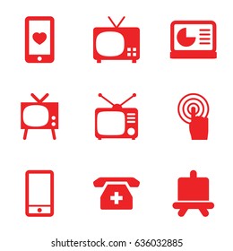 Display icons set. set of 9 display filled icons such as board, heart mobile, tv, phone, touchscreen, medical phone, chart on display