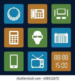 Display icons set. set of 9 display filled icons such as arrival table, tv, desk phone, phone, tv set, calculator, digital time, necklace