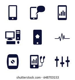 Display icons set. set of 9 display filled icons such as equalizer, mp3 player, heartbeat, phone, message on phone