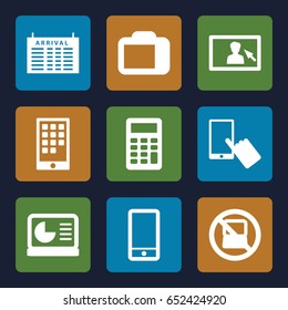 Display icons set. set of 9 display filled icons such as no laptop, arrival table, phone, calculator