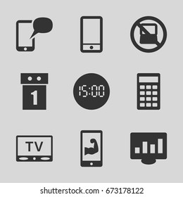 Display icons set. set of 9 display filled icons such as no laptop, phone, calculator, tv, muscular arm  on phone, message on phone