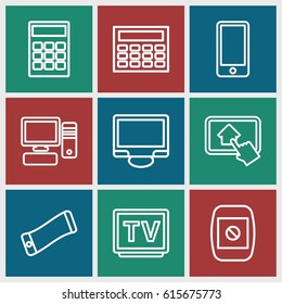 Display icons set. set of 9 display outline icons such as TV, pc, phone, home on tablet, calculator, wavy phone