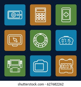 Display icons set. set of 9 display outline icons such as digital clock, calculator, necklace, TV system