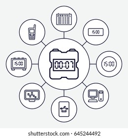 Display icons set. set of 9 display outline icons such as arrival table, poker on phone, old phone, pc, digital clock