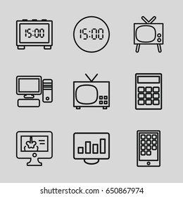Display icons set. set of 9 display outline icons such as pc, calendar on phone, digital clock, calculator