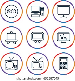 Display icons set. set of 9 display outline icons such as board, tv, pc, calculator, digital clock, graph on display