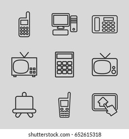 Display icons set. set of 9 display outline icons such as board, old phone, desk phone, pc, phone, home on tablet, calculator