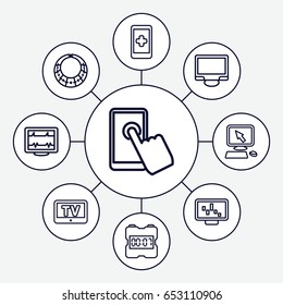 Display icons set. set of 9 display outline icons such as tv, heartbeat, digital clock, necklace, hand on smartphone