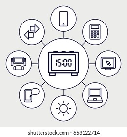 Display icons set. set of 9 display outline icons such as phone, contrast, calculator, message on phone, digital clock, display, laptop, tv system