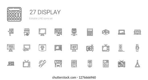display icons set. Collection of display with calculator, standee, tablet, exhibition, phone, television, laptop, tv, computer, microwave. Editable and scalable display icons.
