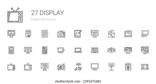 display icons set. Collection of display with holder, computer, stand, tv, monitor, television, exhibition, laptop, graphic tablet, calculator. Editable and scalable display icons.