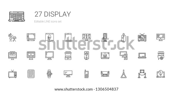 display icons set. Collection of display with\
holder, home cinema, cellphone, monitor, smartwatch, calculator,\
television, pc, standee, stand. Editable and scalable display\
icons.