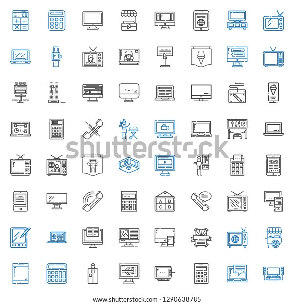 display\
icons set. Collection of display with home cinema, laptop,\
calculator, graphic tablet, computer, portable, tablet, stand, tv,\
poster. Editable and scalable display\
icons.