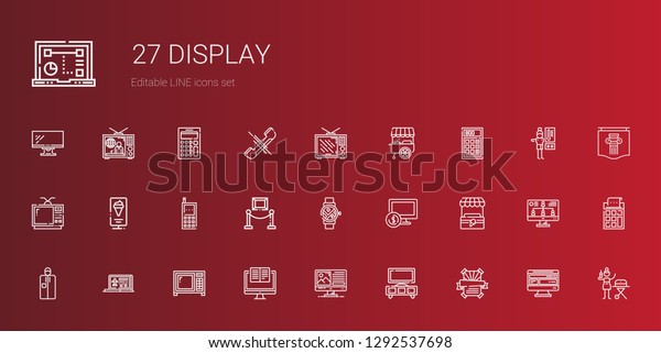 display\
icons set. Collection of display with poster, stand, computer,\
microwave, laptop, portable, smartwatch, exhibition, cellphone,\
standee. Editable and scalable display\
icons.