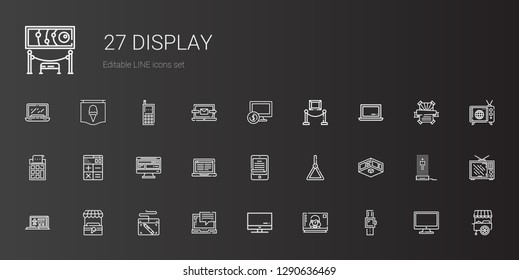 display icons set. Collection of display with smartwatch, television, screen, laptop, graphic tablet, stand, exhibition, holder, ereader. Editable and scalable display icons.