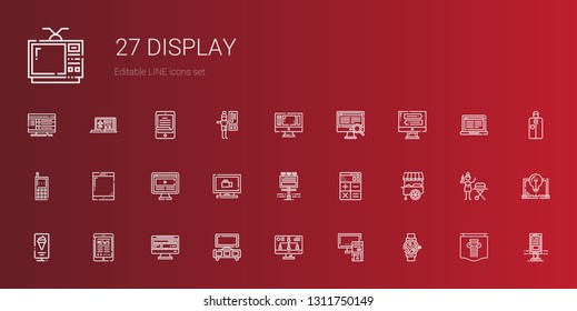 display icons set. Collection of display with smartwatch, pc, monitor, stand, computer, tablet, standee, calculator, billboard, monitoring. Editable and scalable display icons.