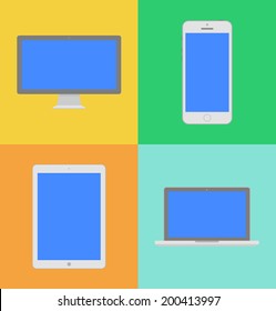 Display, laptop, tablet computer and mobile phone template with blue screen in flat style. Vector illustration