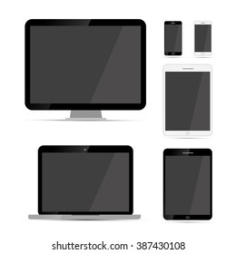 Display, laptop, tablets and phones mockups templates isolated on white