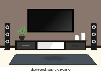 Display the living room in a minimal style with television, speakers and a long table for decoration. Interior design perspective