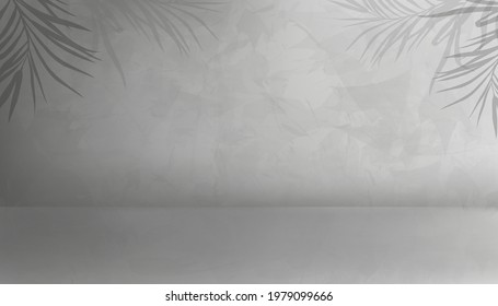 Display Minimal Empty studio Room with palm leaves on Gray Cement Wall Texture Background with Light and Shadow on Concrete floor. Vector 3D backdrop, Gallery with Copy space for holizon banner 